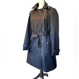 Michael Michael Kors Trench Coat Zip Up Hood Belt Pockets Gold Hardware EUC Lg.